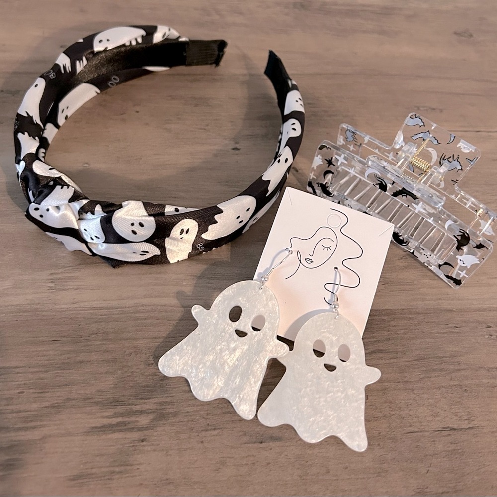 3PCS Bundle Ghost Drop Earrings, Ghost Clip, Ghost Headband For Halloween